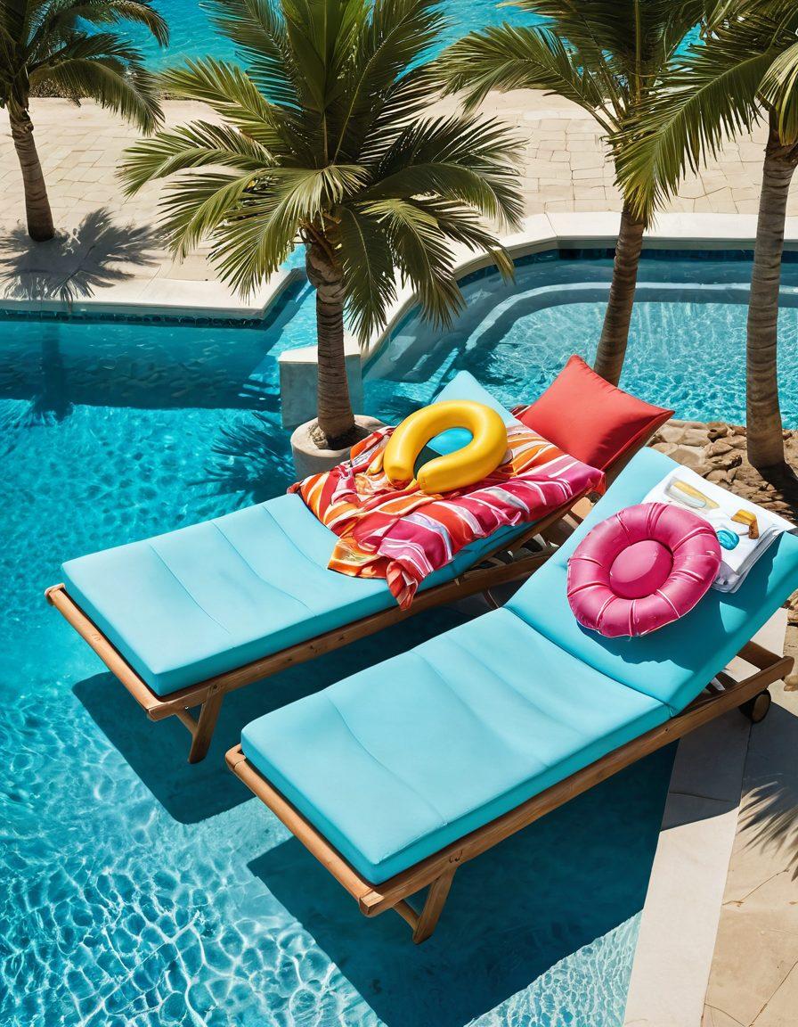 A stylish sun lounge with vibrant beach towels and chic pool floaties, seamlessly transitioning into a picturesque beachfront scene with palm trees and clear blue waters. Include trendy summer accessories like sunglasses, a wide-brimmed hat, and refreshing tropical drinks on a side table. Capture the essence of summer adventures blissfully blending poolside relaxation and ocean fun. vibrant colors. super-realistic.