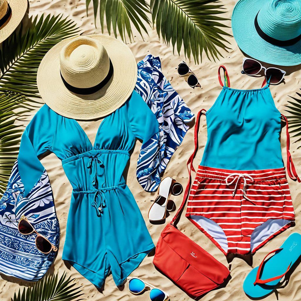 A vibrant collection of trendy beachwear laid out on a sandy beach, featuring colorful swimsuits, stylish cover-ups, and fashionable accessories like sun hats and sunglasses. The backdrop showcases a clear blue sky, gentle waves, and palm trees swaying in the breeze, creating a perfect vacation vibe. Include a stylish beach bag and flip-flops to complete the ensemble. super-realistic. vibrant colors. soft-focus background.